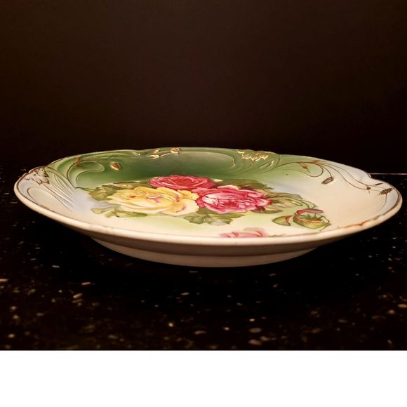 Bavaria Round Platter Porcelain Plate Pink Yellow Roses Green Gold Vintage - Picture 5 of 10